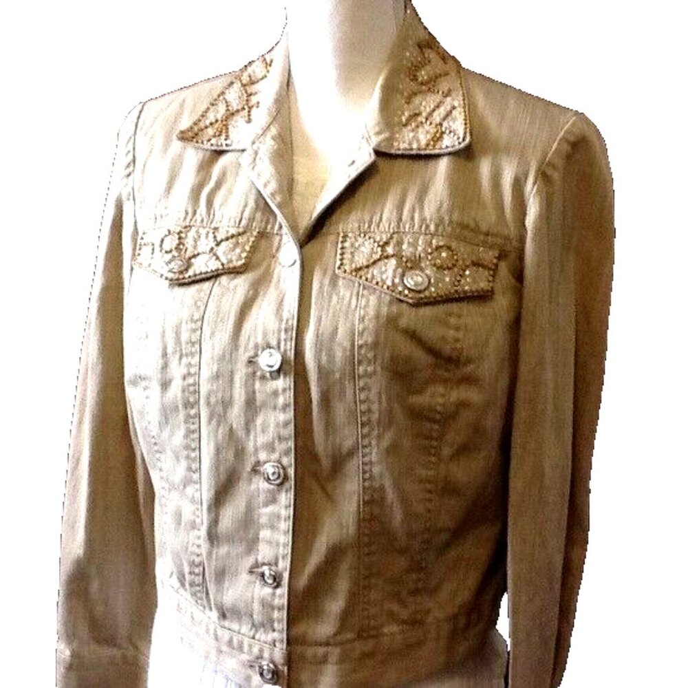 City Girl By Nancy Bolen Tan Beaded Embellished Pockets Cropped Jacket Size S